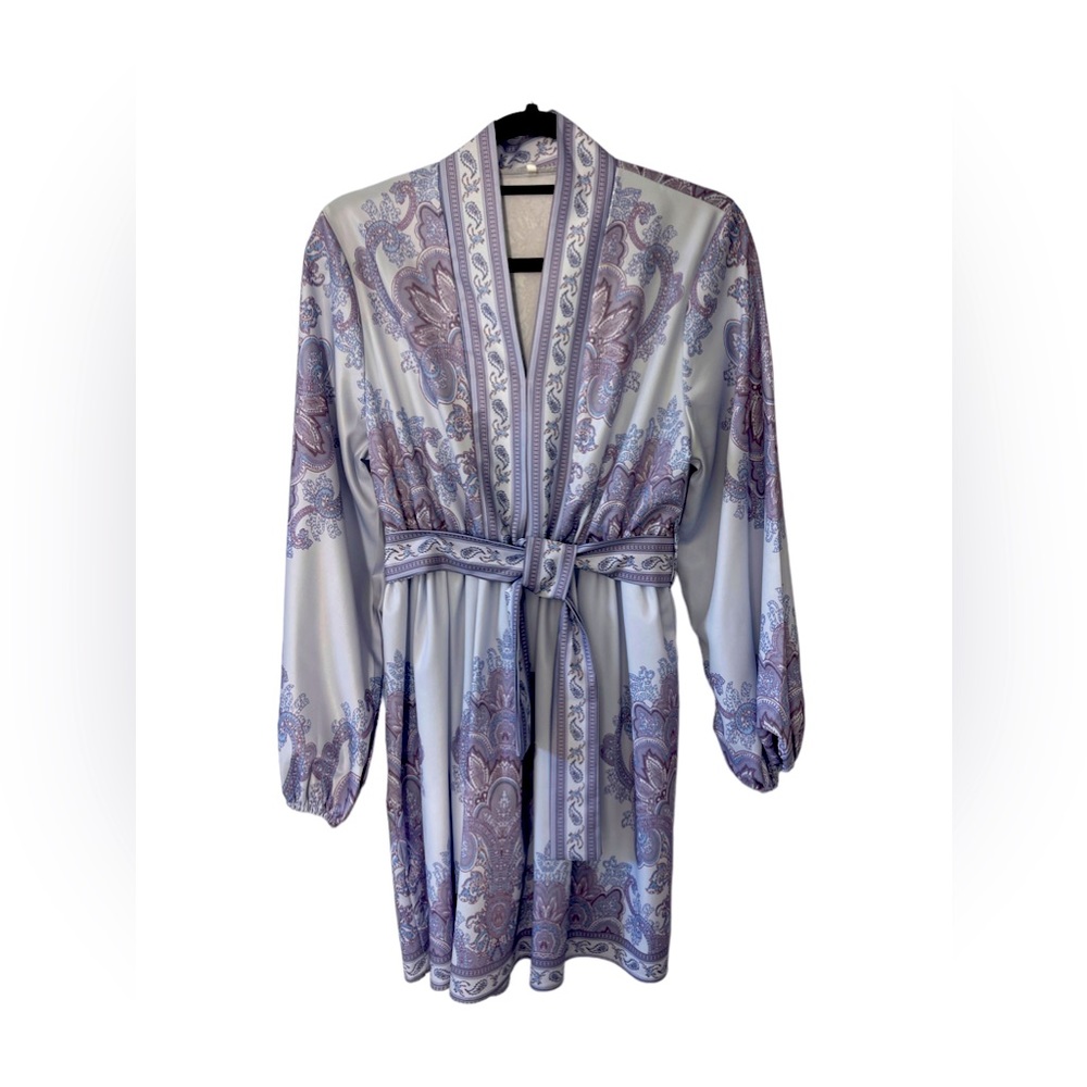 Purple paisley tie waist sash summer cocktail dress, size medium